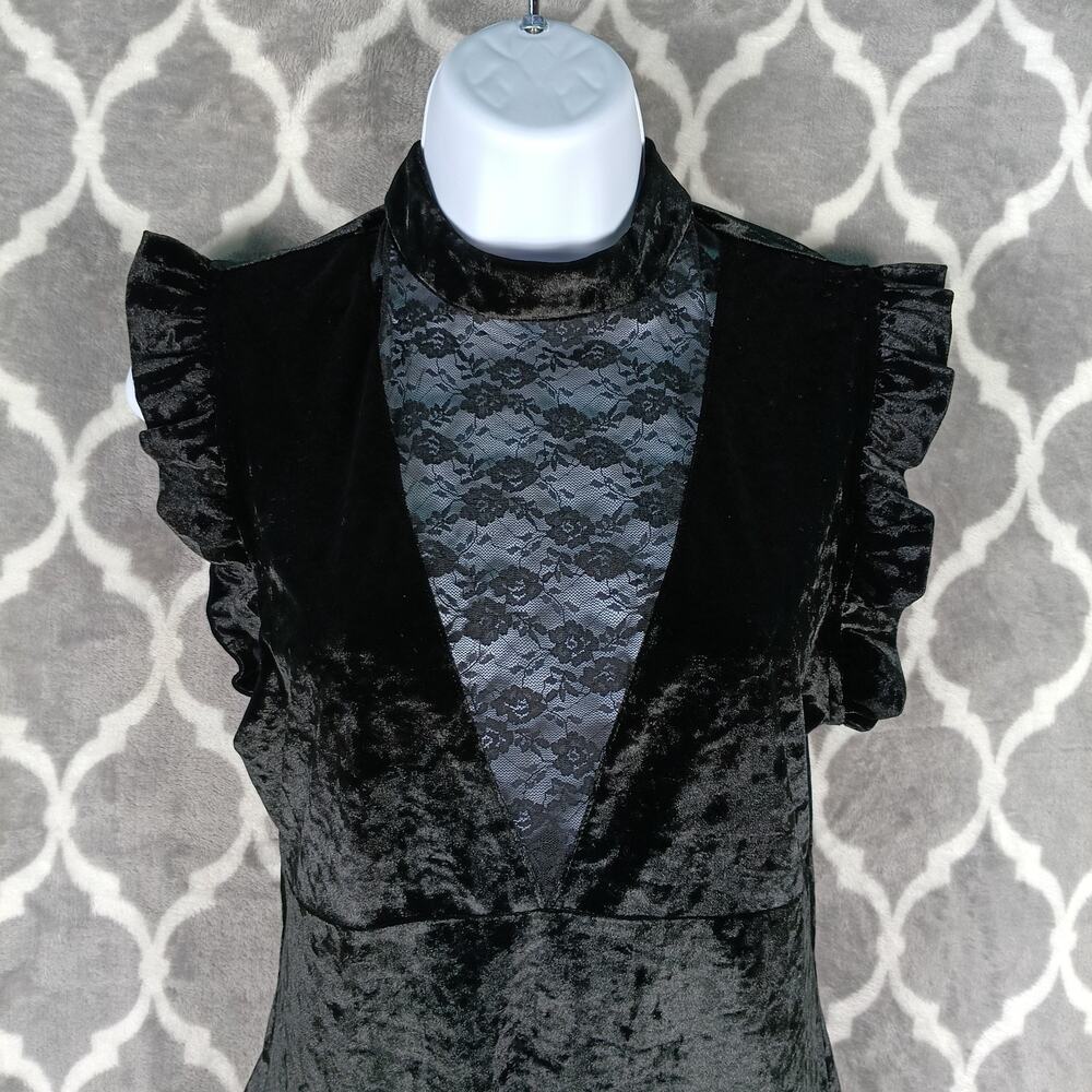 Storia Dress Women Size Medium Black Crushed Velvet Goth Lace Ruffle Deep V - Picture 8 of 10